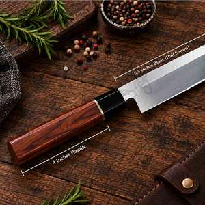 Cuchillo de cocina para sushi y sashimi japonés, para salmón, con mango de cuerno de búfalo negro y madera de hierro del desierto - Product Image 5