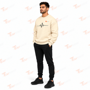 Sudadera de Cuello Redondo para Hombre, Color Crema, Corte Regular, Diseño de Latido de Corazón con Impresión por Transferencia de Calor, Ropa Casual de Otoño, Ecológica, Serigrafiada - Product Image 2