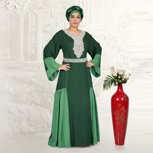 Caftán de Rayón con Cuello Redondo, Detalles de Paneles en Dos Tonos, Mangas Acampanadas, Estilo Modesto, Color Sólido, para Eid, Ramadán, Oración, Silueta Larga hasta el Suelo - Product Image 5