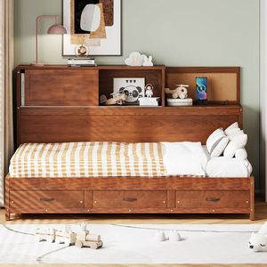 Divano letto singolo in legno di noce con 3 cassetti contenitore, ripiano superiore morbido e set di prese e porte USB - Product Image 2