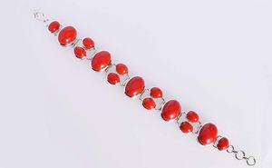 Women's 925 Sterling Silver Coral <b>Bracelet</b> Bezel Set Oval <b>Red</b> Coral Stones Classic Chain Link Design Everyday Wear Fine Jewelry - Product Image 5