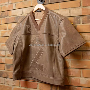 เสื้อยืดโอเวอร์ไซส์แขนสั้นสไตล์สตรีทแวร์ หนัง PU ปักลายพิมพ์ลายขาดๆ แบบเจอร์ซีย์ ทรงบ็อกซี่ ครอป สำหรับผู้ชาย - Product Image 2