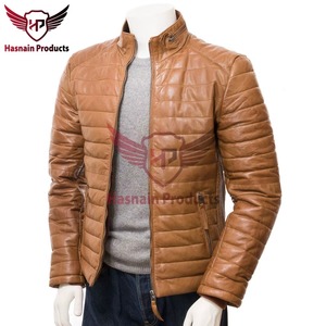 Chaqueta de Cuero Marrón Genuino para Hombre, Acolchada, Corte Ajustado, con Cuello Alto, Estilo Clásico Personalizado para Invierno - Product Image 2