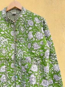 Blazer à col mandarin imprimé floral vert, manches longues, longueur courte, 100% coton, veste tissée pour femme, printemps - Product Image 2