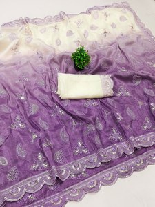 Sari indio de estilo Bollywood de puro chiffon de seda con borde de encaje bordado y blusa, sari para fiesta. - Product Image 6
