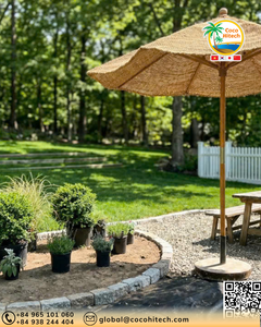 Eco-Friendly Coconut Fiber Parasol with FSC Wood <b>Pole</b>-<b>Garden</b> Use Water Compatible 280CM Diameter Manual Control - Product Image 1