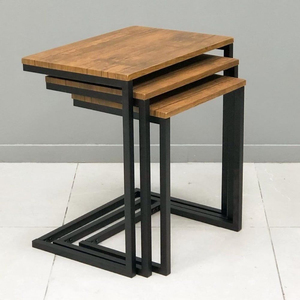 Wholesale Supply Nesting Coffee <b>Table</b> Set of 2 Walnut Wood Top with <b>Black</b> Metal Frame Space Saving Stackable <b>Side</b> <b>Tables</b> - Product Image 2