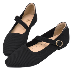 Ann'S Women Water-Repellent Knit Mary Jane <b>Flats</b> Pointed Toe Comfort Ballet Black Shoes - Product Image 1