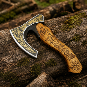 Hacha vikinga con cabeza de acero al carbono y mango de madera de fresno, pulida en negro, ideal para regalos de cumpleaños - Hacha vikinga con diseño de tomahawk y cuchilla de pizza. - Product Image 6