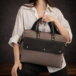 Classic Canvas Laptop Briefcase Gray black Two-Tone Durable Office Business Bag with Leather Handles and Shoulder Strap - Product Image 1