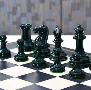 Jeu d'échecs Staunton vintage taille tournoi, 4,5 pouces (King), en bois d'olivier vert et jaune, au meilleur prix - Product Image 5