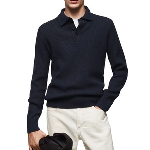 Polo en tricot à manches longues bleu marine pour homme, couleur unie, vêtement décontracté, 100% coton, anti-boulochage, coupe classique - Product Image 5