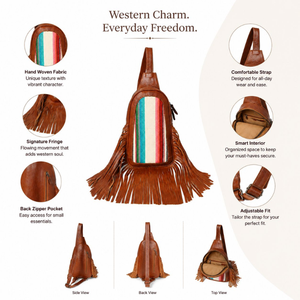 Sac bandoulière en cuir fait main avec franges, style western, en tissu serape, sangle réglable, style fourrure, pour femme, idéal pour les voyages - Product Image 5
