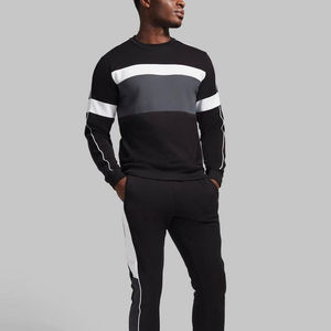 Ensemble de survêtement en coton noir pour homme, col rond, manches longues, couleur unie, style décontracté, coupe régulière, taille élastique, style automne - Product Image 1