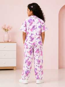 Ensemble coordonné pour filles, vêtements pour enfants, imprimé abstrait, comprenant une chemise à manches courtes à col et boutons et un pantalon long assorti - Product Image 5
