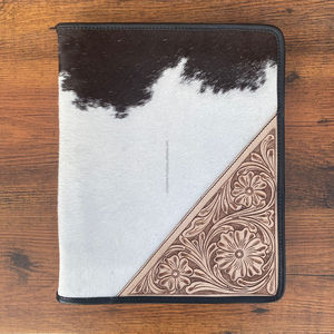 New A4 Size Hand <b>Tooled</b> Genuine Leather Certificate Holder Cowhide Multifunctional Portfolio With Zippered Closure & Ring Binder - Product Image 3