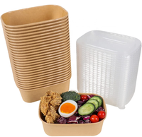 Bol à salade rectangulaire en papier kraft écologique, conteneur alimentaire jetable avec couvercle, vente en gros, bol à soupe à emporter, logo personnalisé