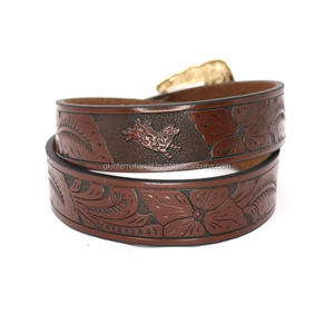 Ceinture en cuir véritable pour homme, fabriquée à la main, avec gravure florale, style western, avec un ensemble de boucle en trois parties, design solide - Product Image 5