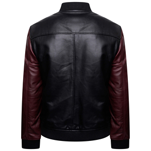 Men's Black And <b>Burgundy</b> Color Block PU <b>Leather</b> Bomber <b>Jacket</b> With Stand Collar And Zipper Closure - Product Image 2