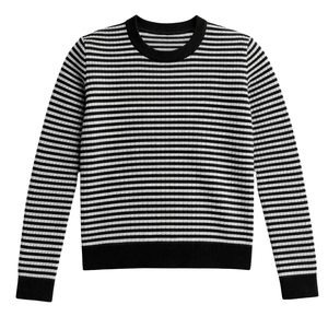 Haut en maille mérinos pour femme, col rond, manches longues, léger, doux, rayé, pull décontracté, couche de base, haut tendance - Product Image 1