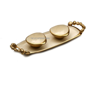 Set of 2 Golden Aluminum Rectangular <b>Chocolate</b> Nuts Serving Bowls With Tray Dry Fruit with Gold Handle Free Decorative Style - Product Image 1