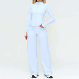 Ensemble de vêtements de sport pour femmes, haut à col haut et manches longues avec fermeture éclair bleu clair, pantalon à taille haute et jambes larges, couleur unie - Product Image 1