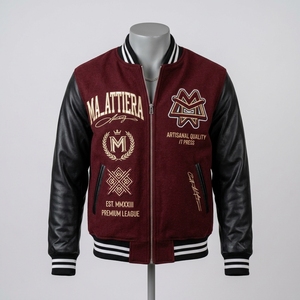 Men <b>Burgundy</b> Letterman <b>Jacket</b> Wool Body Black <b>Leather</b> Sleeves Embroidered Bomber <b>Jacket</b> Custom OEM ODM - Product Image 1