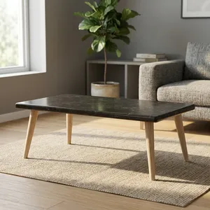 Mesa de Centro Moderna Rectangular con Tapa de Mármol Negro y Patas de Madera Natural para Sala de Estar - Product Image 5