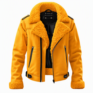 Blouson moto en cuir PU blanc avec doublure en fausse fourrure turquoise, fermeture éclair, vêtements d'extérieur pour homme pour l'hiver - Product Image 3