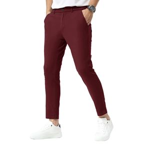 Men's Skinny Fit Maroon Chino Pants Mid Waist Button Fly Smart Casual Style Anti-Wrinkle Woven Fabric Chino Pants For Men's - Product Image 5