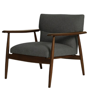 Fauteuil d'appoint gris foncé de style Mid-Century Modern avec structure en bois de noyer et accoudoirs courbes. - Product Image 1