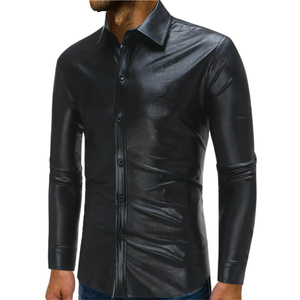 Men's Black PU Leather Long Sleeve Dress <b>Shirt</b> Solid Color Turn-down Collar Formal Style Autumn Wear - Product Image 3