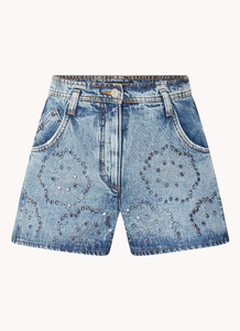 Miarma Co Distressed Wash Embroidery High Waist Summer Casual Regular Fit Classic Blue Vintage Cotton Denim Shorts Button Fly - Product Image 6