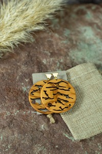 <b>Wooden</b> <b>Circle</b> Earrings With Cutout Pattern Gold Hook Design Natural Wood Tone Round Shape Fashion Jewelry - Product Image 2