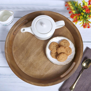 Bandeja redonda de madera de mango hecha a mano, platos y bandejas de madera decorativos rústicos para cocina, baño, encimera, almacenamiento, organizador de tocador - Product Image 2