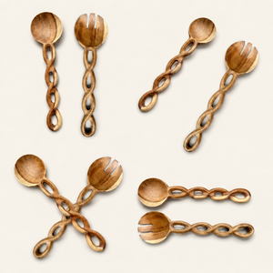 Luxury Handcrafted Acacia Wood Salad Server Set Eco-Friendly Twisted Handle Serving Spoon and Fork Wooden Tongs for Home - Product Image 5