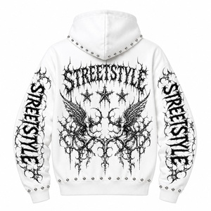 Sweat-shirt à capuche zippé blanc personnalisé avec motif graphique, manches longues, style streetwear, mode décontractée unisexe, confort optimal. - Product Image 2