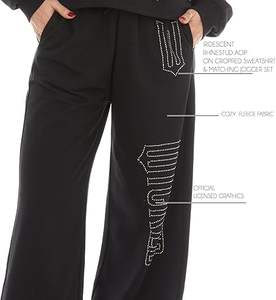 Wicked <b>Women</b>’s, Ladies & Juniors <b>Black</b> 2-Piece Cropped Sweatshirt & Wide-Leg Jogger <b>Set</b> with Iridescent Rhinestones - Product Image 4