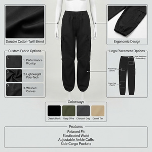 Pantalon cargo noir pour femme REDDITO, taille mi-haute élastique, coupe droite, longueur intégrale, décontracté, couleur unie, en velours côtelé, coupe-vent - Product Image 4