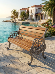 Mediterranean Style Wood Patio Bench With Cast Iron Frame Antique Outdoor Furniture For 2 Seater Garden Decor - Product Image 4