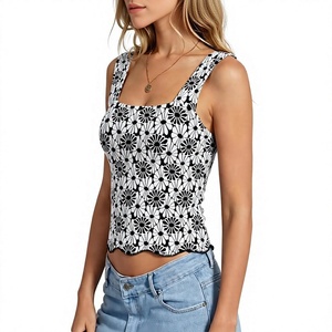 Débardeur tricoté imprimé floral pour femmes grandes tailles, col carré, décontracté, sans manches, coupe courte, été - Product Image 2
