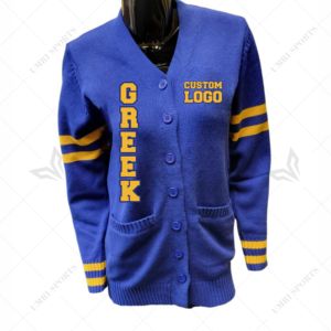 Cardigan en acrylique tricoté personnalisé Sigma Gamma avec lettres grecques en chenille – Vêtements grecs pour sororités et fraternités SGRHO - Product Image 1