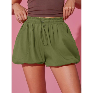 Shorts taille haute pour femme, coupe moulante, avec poches, cordon de serrage, en coton/polyester, vert, décontracté, respirant, délavage clair - Product Image 5