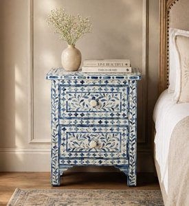 Handmade Solid Wood Blue Bone Inlay 2-<b>Drawer</b> <b>Side</b> Table & Nightstand-Storage Space Saving Entryway Bedroom Living Room Furniture - Product Image 1