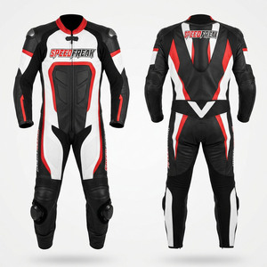 Traje de Motociclismo SpeedFreak Unisex de Cuero Completo, 220g, Impresión por Transferencia de Calor, Diseño Transpirable en Rojo, Blanco y Negro - Product Image 1