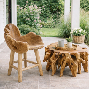 Taburete de Bar Giratorio de Lujo, Rústico, Estilo Granja, Tallado a Mano, Ergonómico, de Madera de Raíz de Teca Natural, Sostenible y de Primera Calidad - Product Image 4