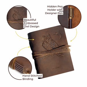 Carnet en cuir vintage personnalisé avec motif hibou en relief, papier à bords festonnés, idéal pour cadeaux promotionnels - Product Image 3