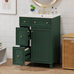 Mobile da Bagno Verde Foresta da 24 Pollici con 2 Cassetti, 1 Anta a Chiusura Morbida e Lavabo in Ceramica - Product Image 3