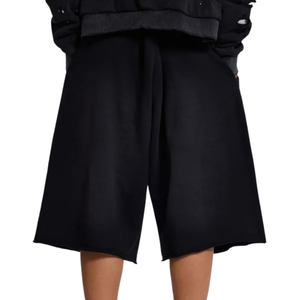 Custom Womens <b>Black</b> Fleece Bermuda Shorts Wide Leg Easy Fit Elastic Waist Side <b>Pockets</b> Casual Streetwear Wholesale Private Label - Product Image 2