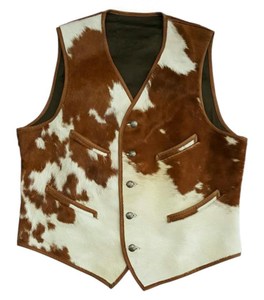 <b>Men's</b> Brown <b>White</b> Cowhide Fur <b>Vest</b> Vintage Western Waistcoat Single Breasted V-Neck Animal Pattern - Product Image 1
